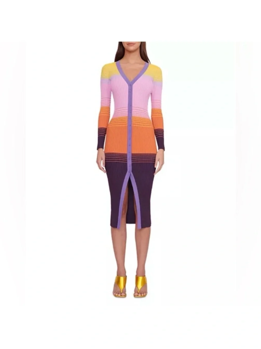STAUD Multicolor Ribbed Button-Front Cardigan in Pink, Orange, Purple, Yellow - Picture 3 of 5